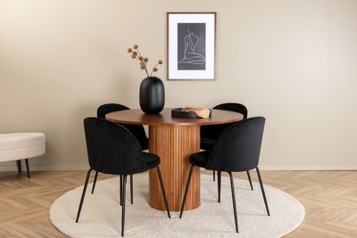 Venture Home Wrinkles & Bianca 4 st Matstolar Svart + Runt Matbord ⌀110 Valnöt