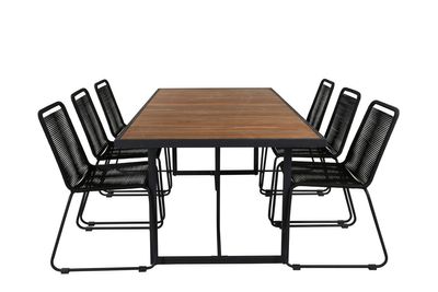 Venture Home Khung & Lindos Rektangulärt Matbord 200 x 100 Natur + 6 st Matstolar Svart