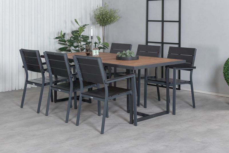 Venture Home Khung & Levels Rektangulärt Matbord 200 x 100 Natur + 6 st Matstolar Svart