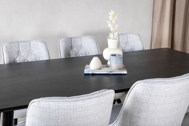 Venture Home Dipp & Velvet Deluxe Rektangulärt Matbord 180 x 90 Svart + 6 st Matstolar Grå