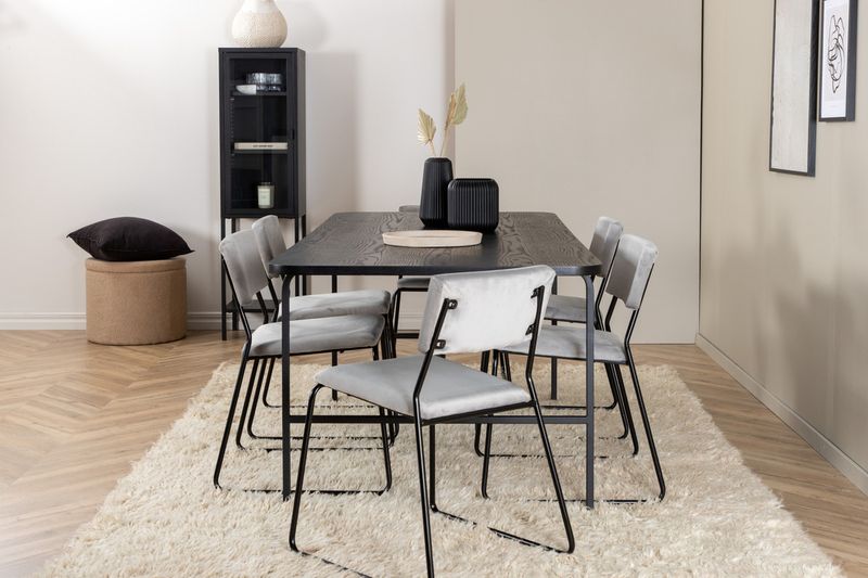 Venture Home Kenth & Uno 6 st Matstolar Grå + Rektangulärt Matbord 200 x 90 Svart