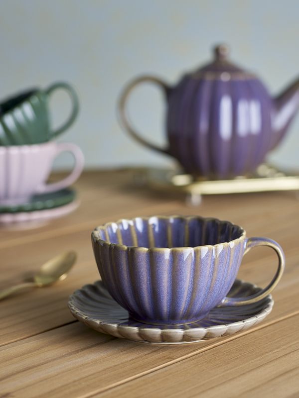 Bloomingville Latina Kopp w/Saucer, Lila, Stengods - 6-pack