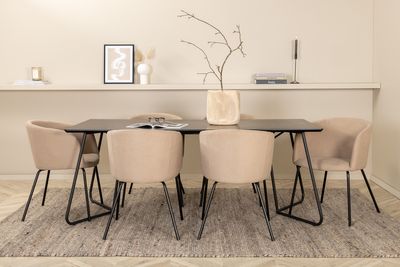 Venture Home Berit & Petra 6 st Matstolar Beige + Rektangulärt Matbord 190 x 90 Svart