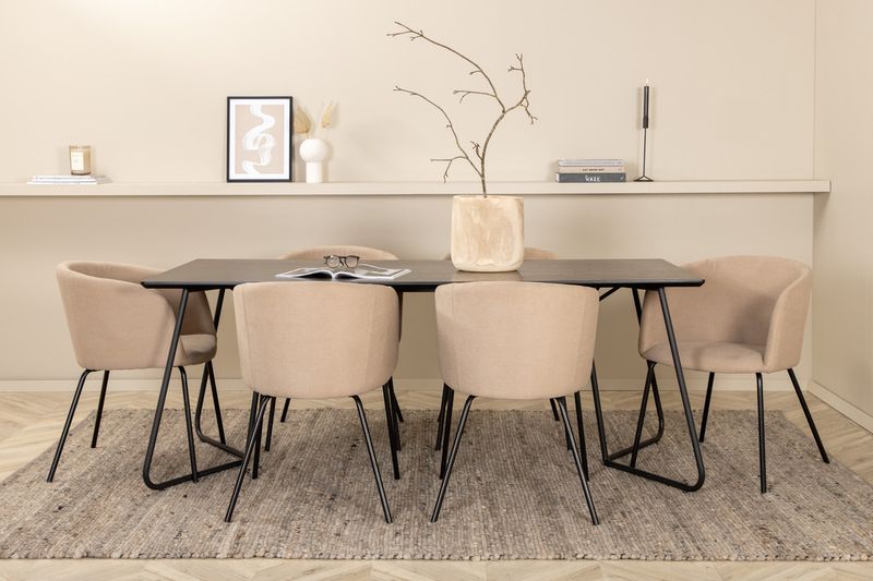 Venture Home Berit & Petra 6 st Matstolar Beige + Rektangulärt Matbord 190 x 90 Svart