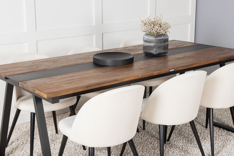Venture Home Jakarta & Velvet Rektangulärt Matbord 200 x 90 Svart + 6 st Matstolar Grädde