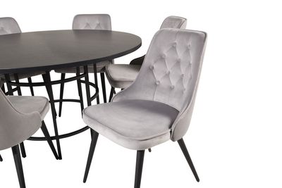 Venture Home Copenhagen & Velvet Deluxe Runt Matbord ⌀140 Svart + 6 st Matstolar Ljusgrå