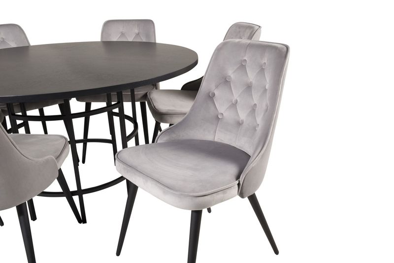 Venture Home Copenhagen & Velvet Deluxe Runt Matbord ⌀140 Svart + 6 st Matstolar Ljusgrå
