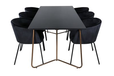 Venture Home Berit & Petra 6 st Matstolar Svart + Rektangulärt Matbord 190 x 90 Svart