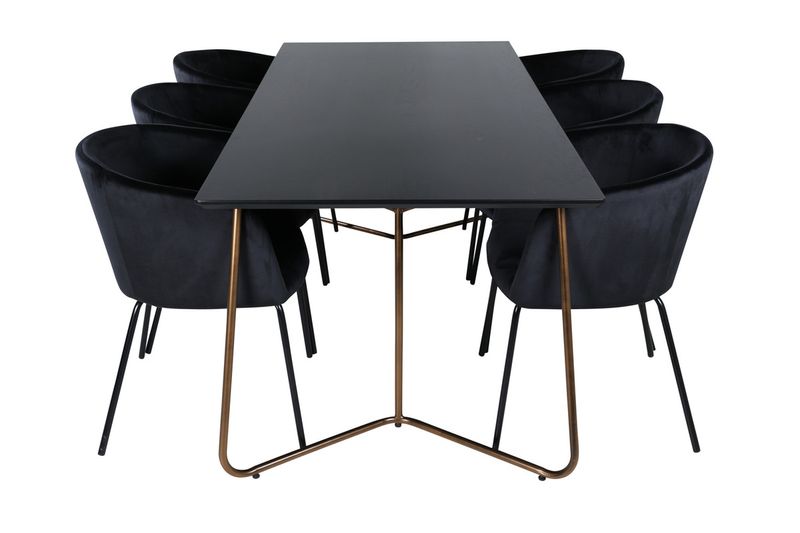 Venture Home Berit & Petra 6 st Matstolar Svart + Rektangulärt Matbord 190 x 90 Svart