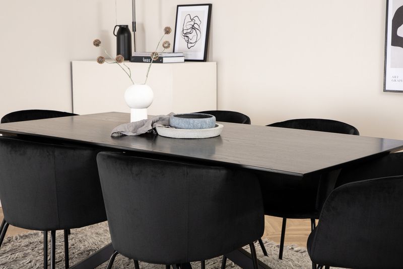 Venture Home Berit & Piazza 6 st Matstolar Svart + Rektangulärt Matbord 180 x 90 Svart