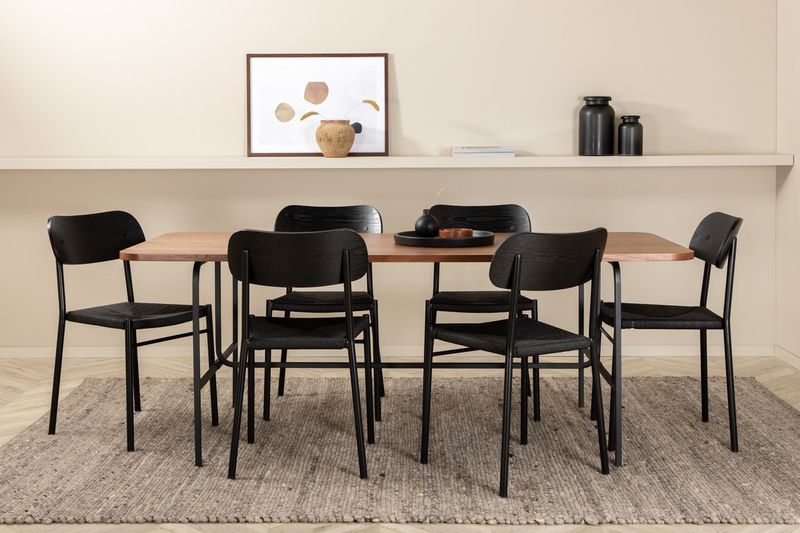 Venture Home Uno & Polly Rektangulärt Matbord 200 x 90 Natur + 6 st Matstolar Svart