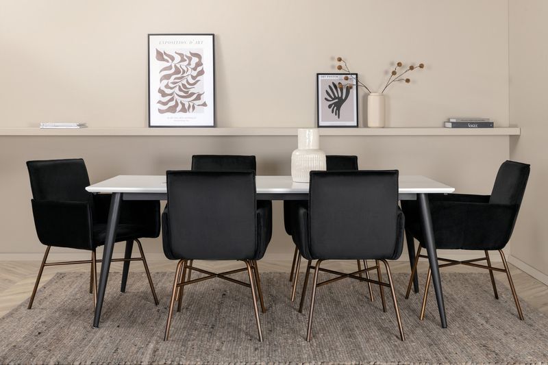 Venture Home Jimmy & Petra Rektangulärt Matbord 195 x 90 Vit + 6 st Matstolar Svart