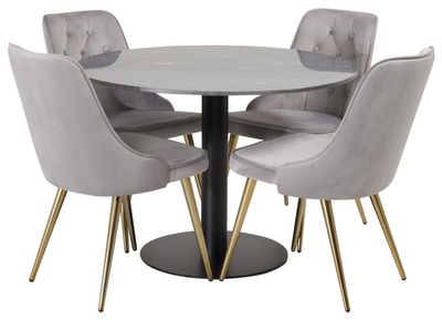Venture Home Estelle & Velvet Deluxe Runt Matbord ⌀106 Mörkgrå + 4 st Matstolar Grå