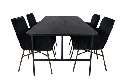 Venture Home Petra & Uno 4 st Matstolar Svart + Rektangulärt Matbord 200 x 90 Svart