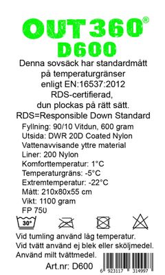 D600 SOVSÄCK DUN