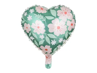 Folieballong Heliumballong med formen av ett hjärta och grön botten och rosa blommor.