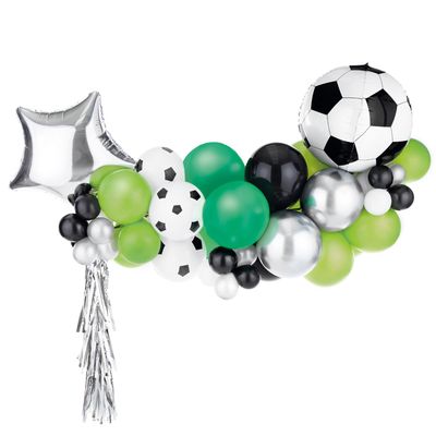 Ballongbåge med fotbollstema i grön svart och silver.