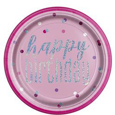 Papptallrikar - Happy Birthday - Rosa/Iridescent
