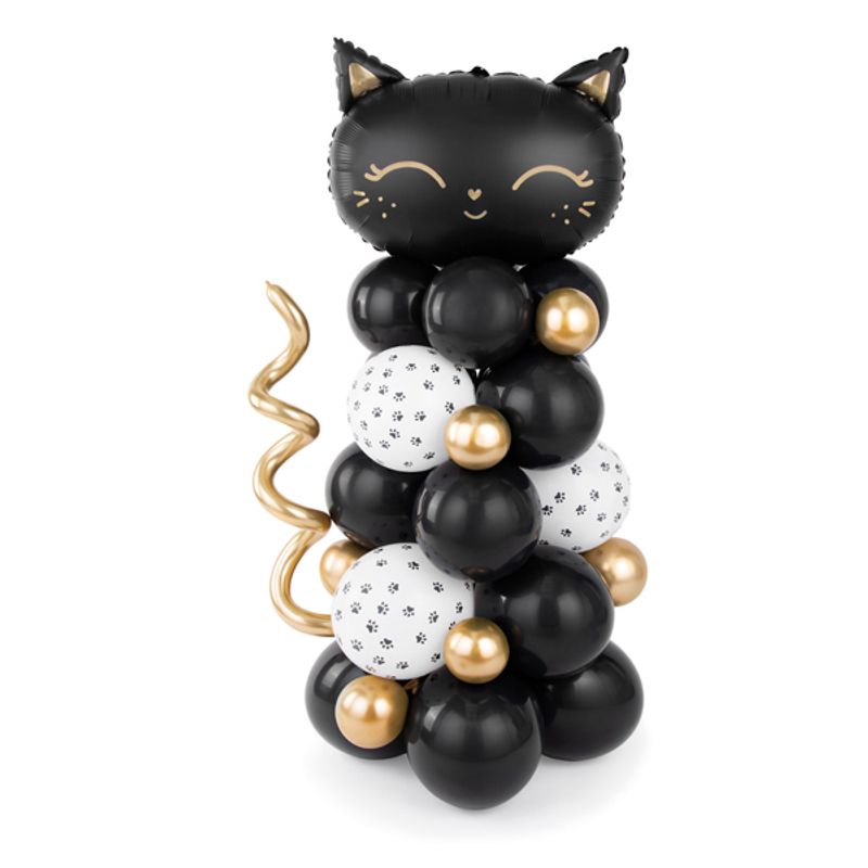 Ballongbukett i svart, vit och guld i form av en katt.