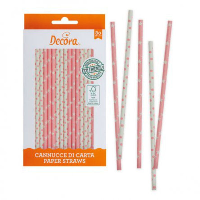 Sugrör - Stjärnor och prickar - Rosa - ECO - 80-pack