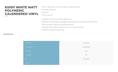 KPMF K51011 Matt White Skärvinyl 122cm
