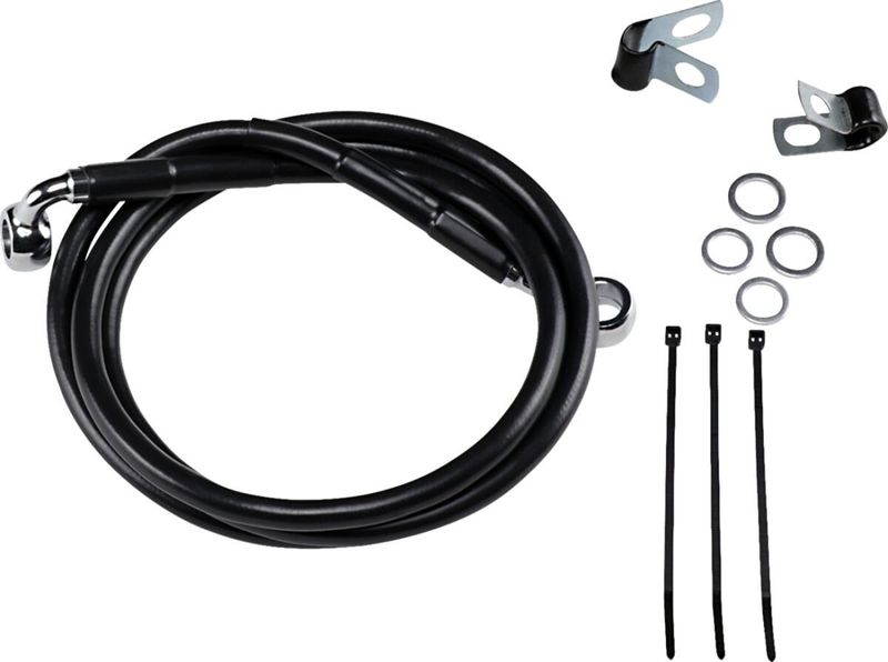 Bromsslangsats Drag Specialties 4 BL+4 förlängd svart vinyl rostfri Softail 99-07
