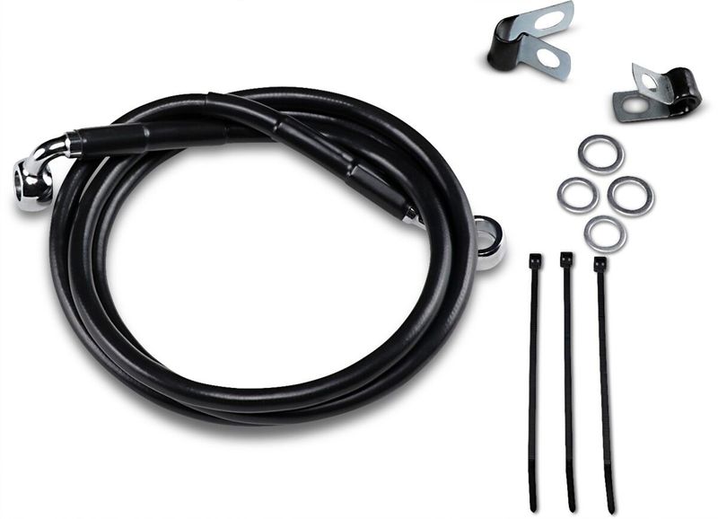 Bromsslangsats Drag Specialties 4 BL+4 förlängd svart vinyl rostfri Softail 99-07