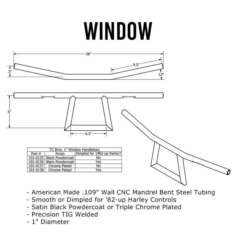 Styre TC Bros Window 1" med dimples krom
