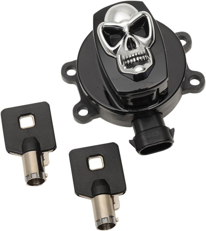 Tändningslås Drag Specialties skalle blank svart Softail 11-17, Dyna 12-17, Touring 14-22