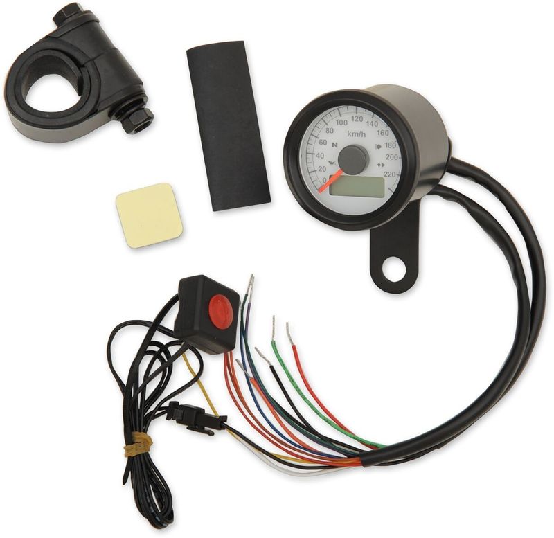 Hastighetsmätare Drag Specialties elektronisk mini 1-7/8" med indikatorlampor programmerbar 220 km/h