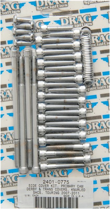 Skruvsats primärkåpa/växellådskåpa/derbylock insex Drag Specialties krom räfflad Touring 07-15