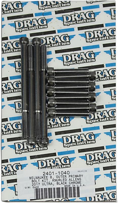 Skruvsats Drag Specialties M-Eight Outprim räfflad svart Touring 17-24, Trike 19