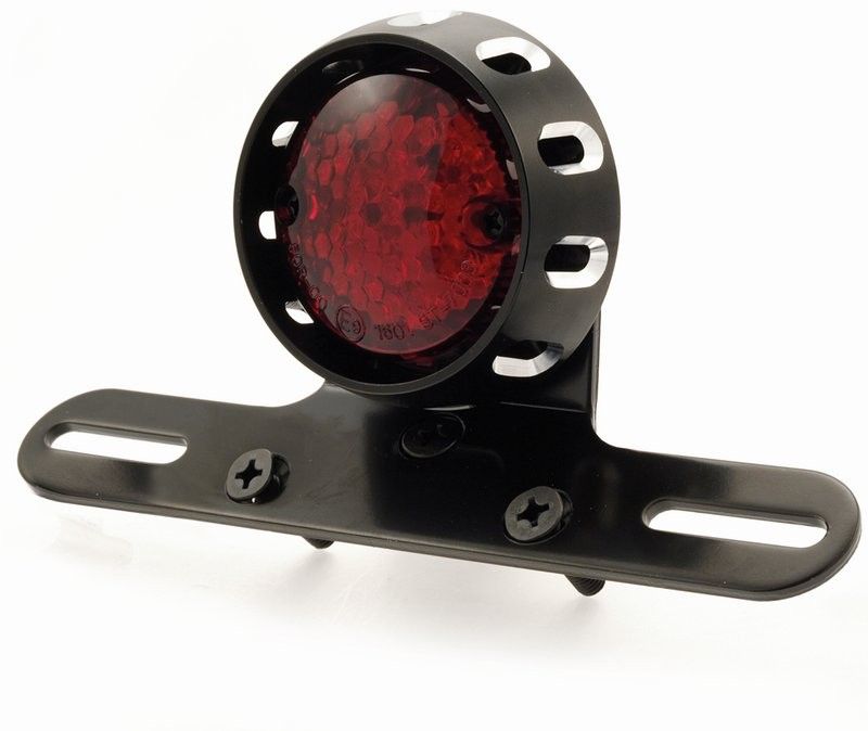 Retro baklampa 70mm, svart fäste/svart hus/rött glas LED 12V, E-märkt