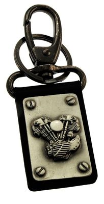 Nyckelring, Knucklehead i silver/patina, nitad på läder med karbinhake