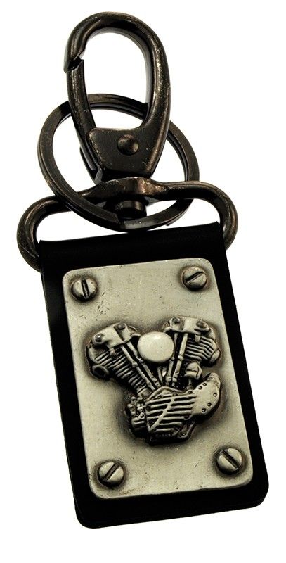 Nyckelring, Knucklehead i silver/patina, nitad på läder med karbinhake