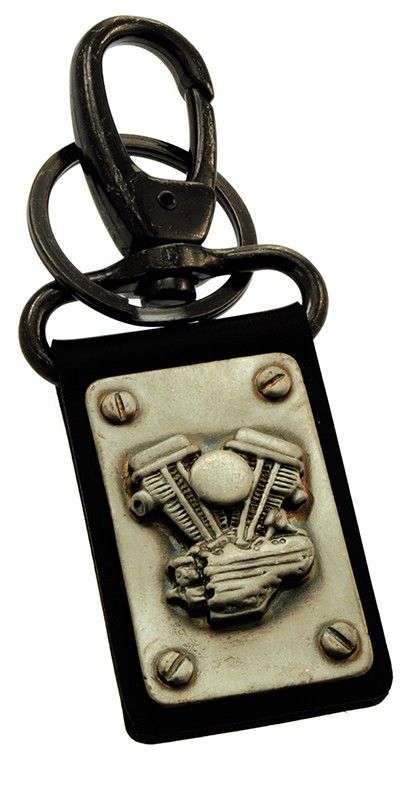 Nyckelring, Panhead i silver/patina, nitad på läder med karbinhake