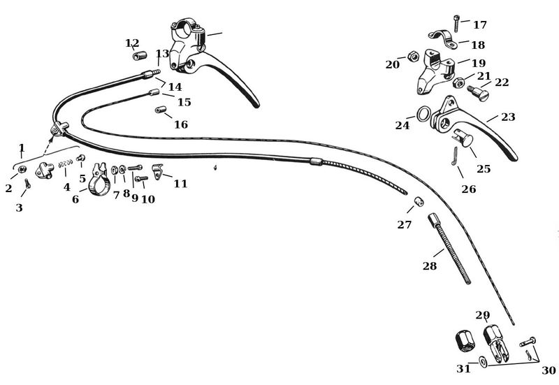 Sprängskiss framhjulsbroms och bromsvajer 45″ Flathead 28–52, position 16