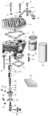 Sprängskiss topplock, cylinder och ventiler 45″ Flathead 29–73, position 4