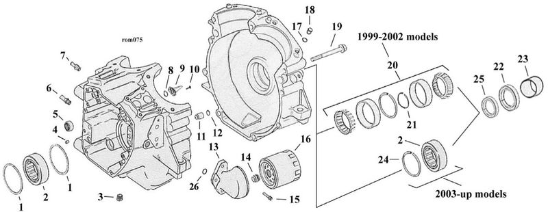 Sprängskiss vevhus Twin Cam A 99–17, position 23