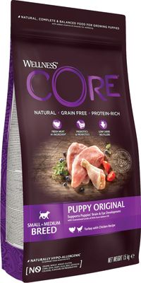 CORE Original Puppy Small/Medium Breed - Wellness CORE Puppy Original med kalkun og kylling Dette foder indeholder flere kødproteiner af høj kvalitet og sunde kornfrie kulhydrater for at give en afbalanceret kost fuld af de næringsstoffer, som din hvalp har brug for til den bedste start på livet. 