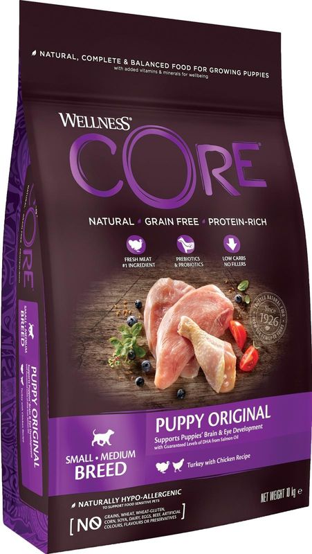 CORE Original Puppy Small/Medium Breed - Wellness CORE Puppy Original med kalkun og kylling Dette foder indeholder flere kødproteiner af høj kvalitet og sunde kornfrie kulhydrater for at give en afbalanceret kost fuld af de næringsstoffer, som din hvalp har brug for til den bedste start på livet.