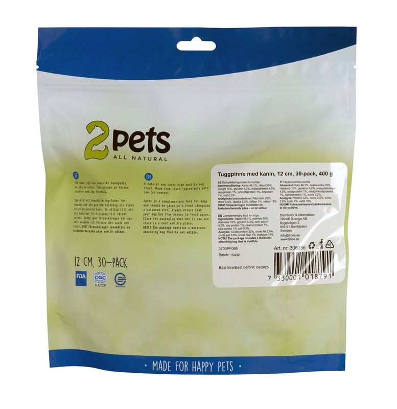 2pets Tuggpinne mald, kanin, 12cm, 30-pack, 400g x10