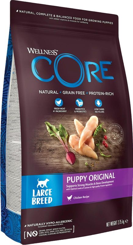 CORE Original Puppy Large Breed - Wellness CORE Large Breed Puppy Original&nbsp;med kylling&nbsp;er udviklet til at støtte de unikke sundhedsbehov hos&nbsp;hvalpe af større hunderacer (25kg+ fuldvoksen).