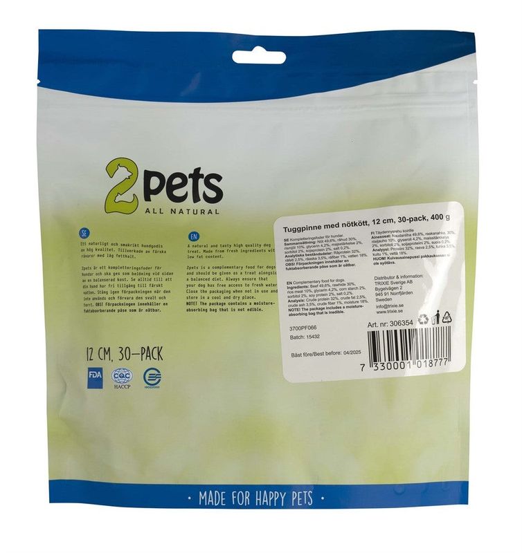 2pets Tuggpinne mald, nötkött, 12cm, 30-pack, 400g x10