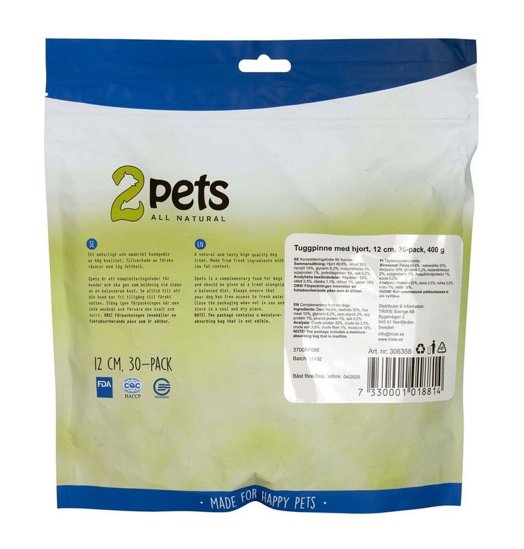 2pets Tuggpinne mald, hjort, 12cm, 30-pack, 400g x10