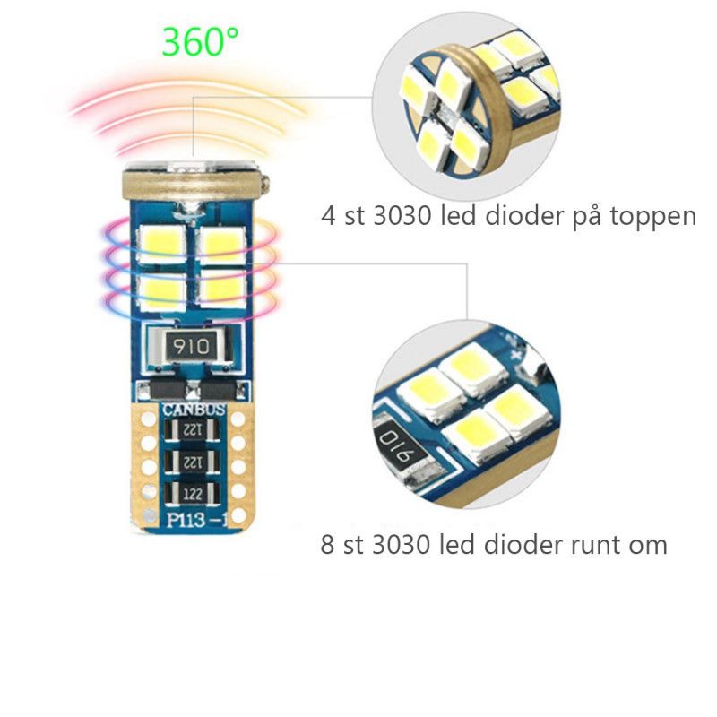 LED diodlampa T10  W5W med Canbus 12 st Samsung dioder xenonvit