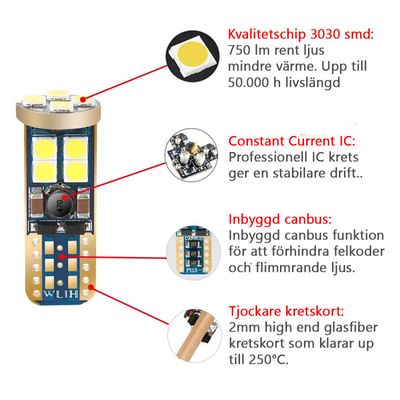 LED diodlampa T10  W5W med Canbus 12 st Samsung dioder xenonvit