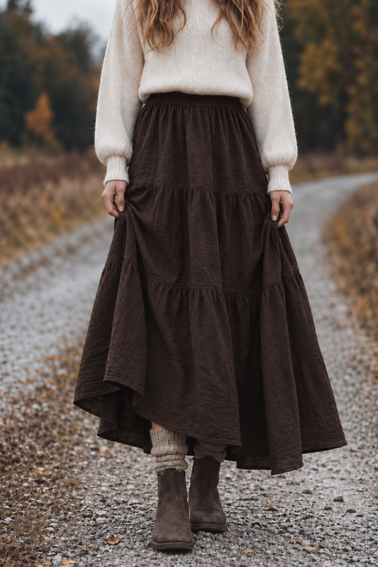Mörkbrun linnekjol med volanger