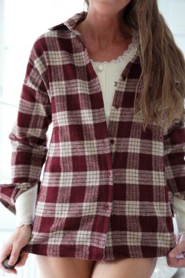 Rutig flanellskjorta vinröd beige