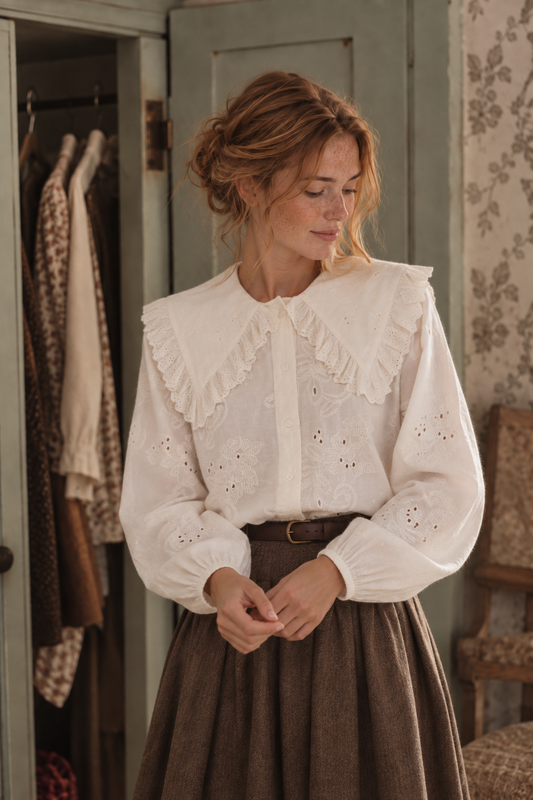 Romantisk bomullsblus med broderie anglaise
